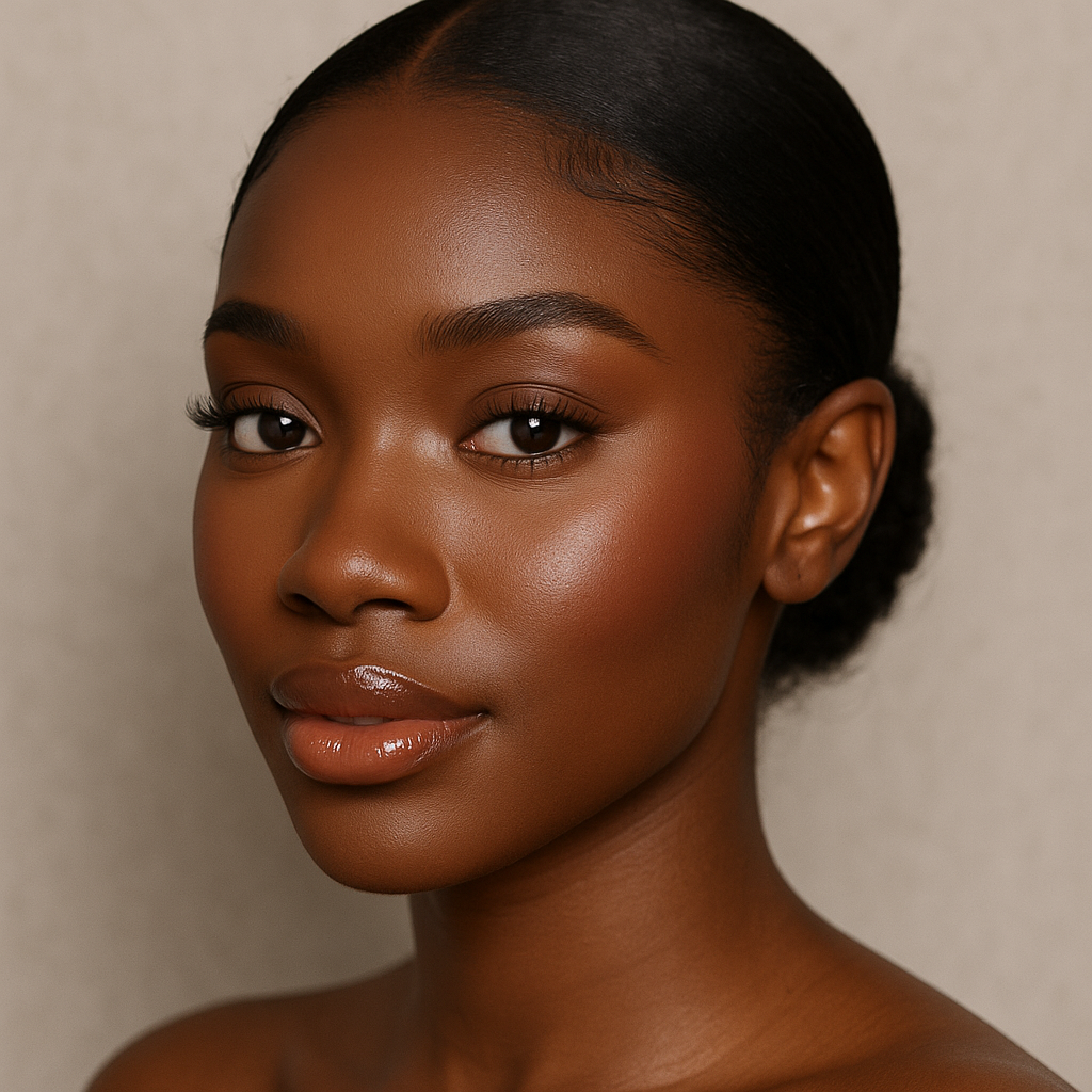 clean girl makeup look on a dark skin model
