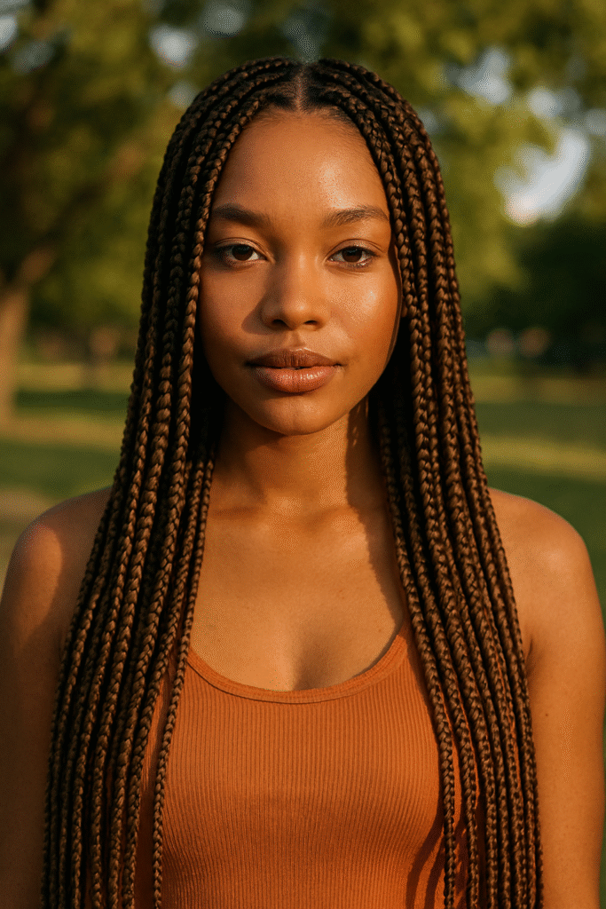 Braided Hairstyles for Black Women - AI generated Black woman with long knotless box braids, middle part, natural makeup, warm lighting, outdoor summer setting