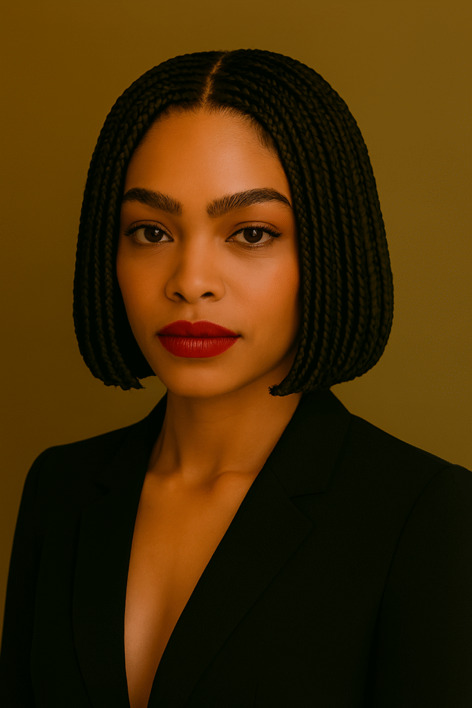  "Black woman with braided bob, chin-length braids, bold lipstick"