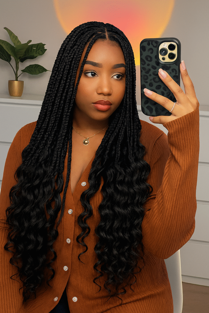 "Black woman with long braids and curly ends, playful summer vibe"