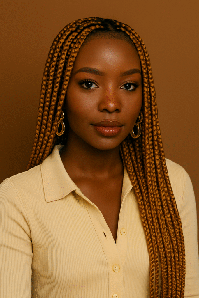 "Black woman with honey blonde box braids, statement earrings"