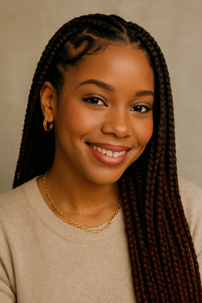 "Black woman with heart-shaped braid design, soft makeup, smiling"