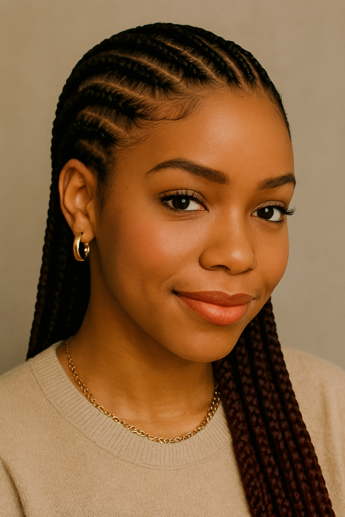 "Black woman with feed-in cornrows, neat style, close-up headshot"