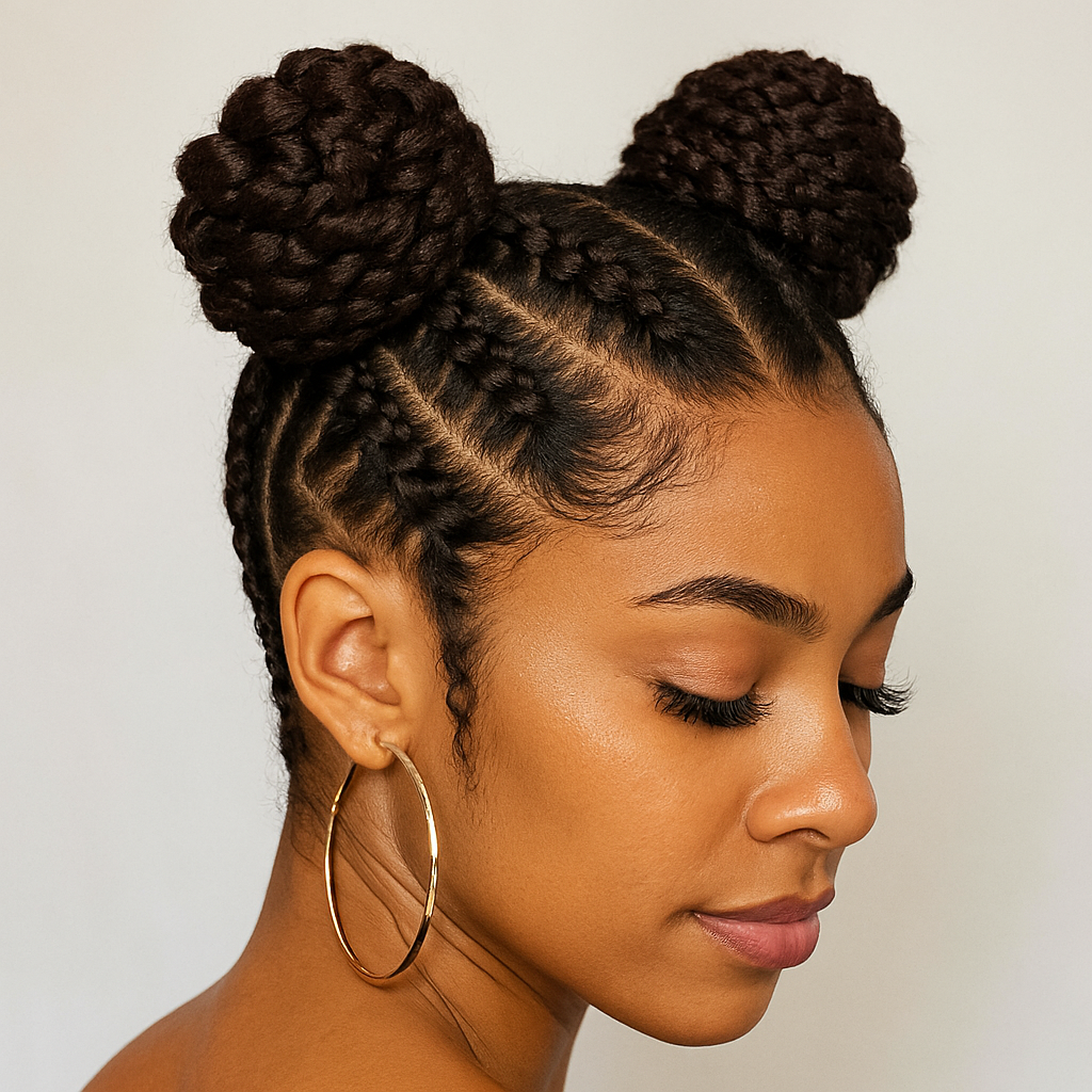 "Black woman with braided space buns, playful expression, colorful background"