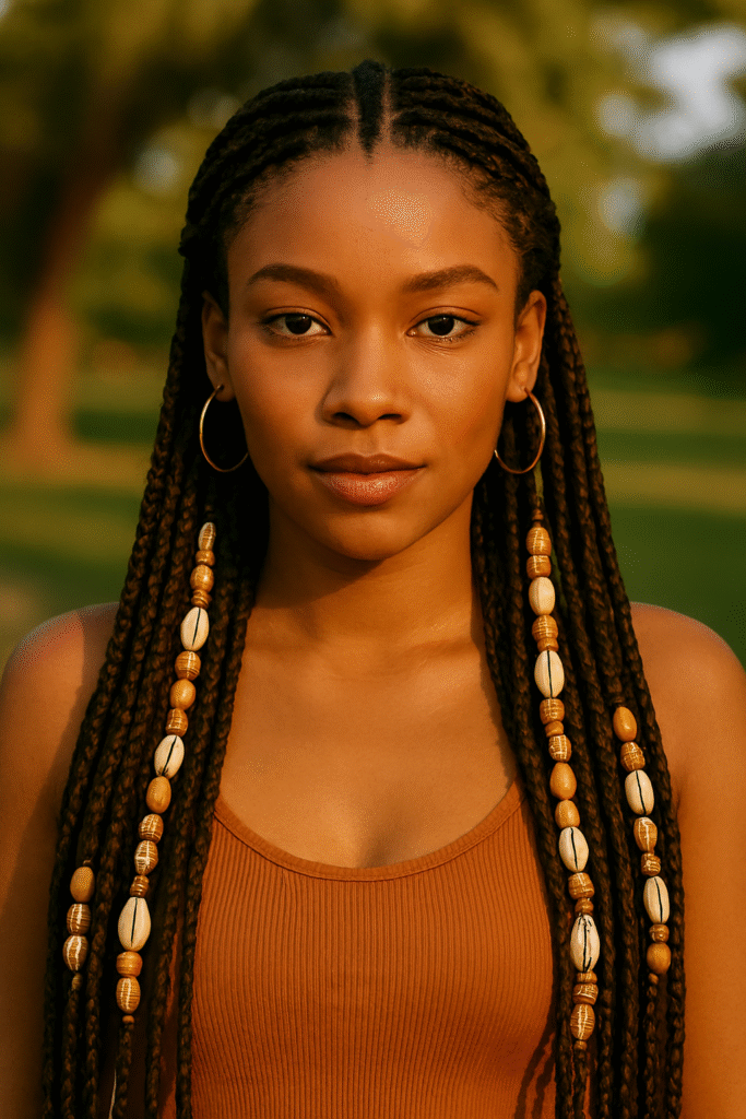 Braided Hairstyles for Black Women - AI generated Black woman with Fulani braids, central cornrow, beads and cowrie shells, gold hoops, tribal-inspired styling