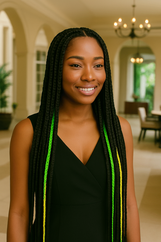 "Black woman with long braids and hidden color strands"