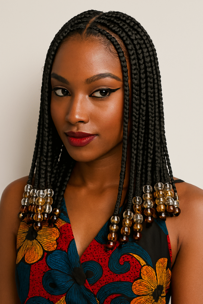 Prompt: "Black woman with braids and wooden beads, vibrant outfit"