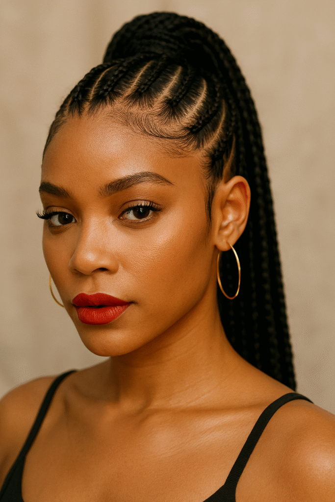 Braided Hairstyles for Black Women - AI generated Black woman with stitch cornrows in a high ponytail, sleek edges, neutral makeup, close-up beauty shot