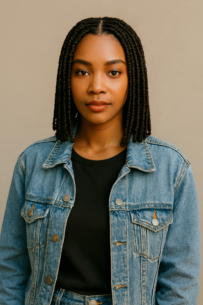 AI generated - Black woman with medium-length box braids, casual street style outfit, neutral background