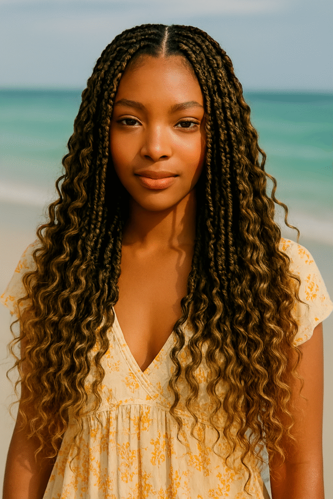 "Black woman with boho braids and loose curly ends, flowy summer dress, beach background"