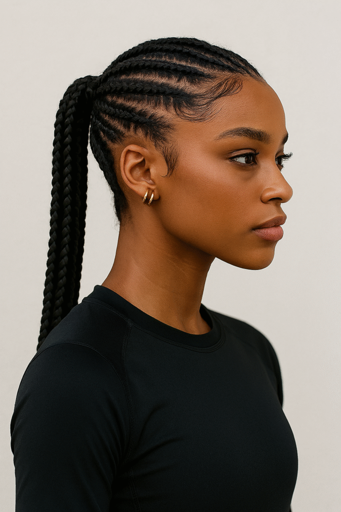 "Black woman with sleek braided ponytail, sporty vibe, activewear, clean background"