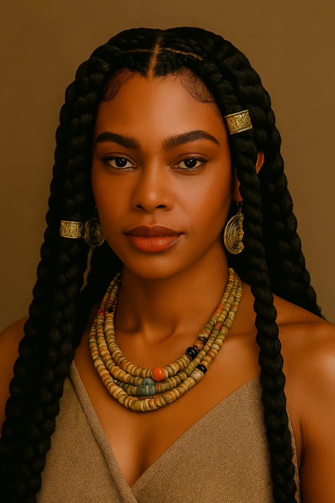  "Black woman with jumbo tribal braids, geometric parting, cultural accessories"