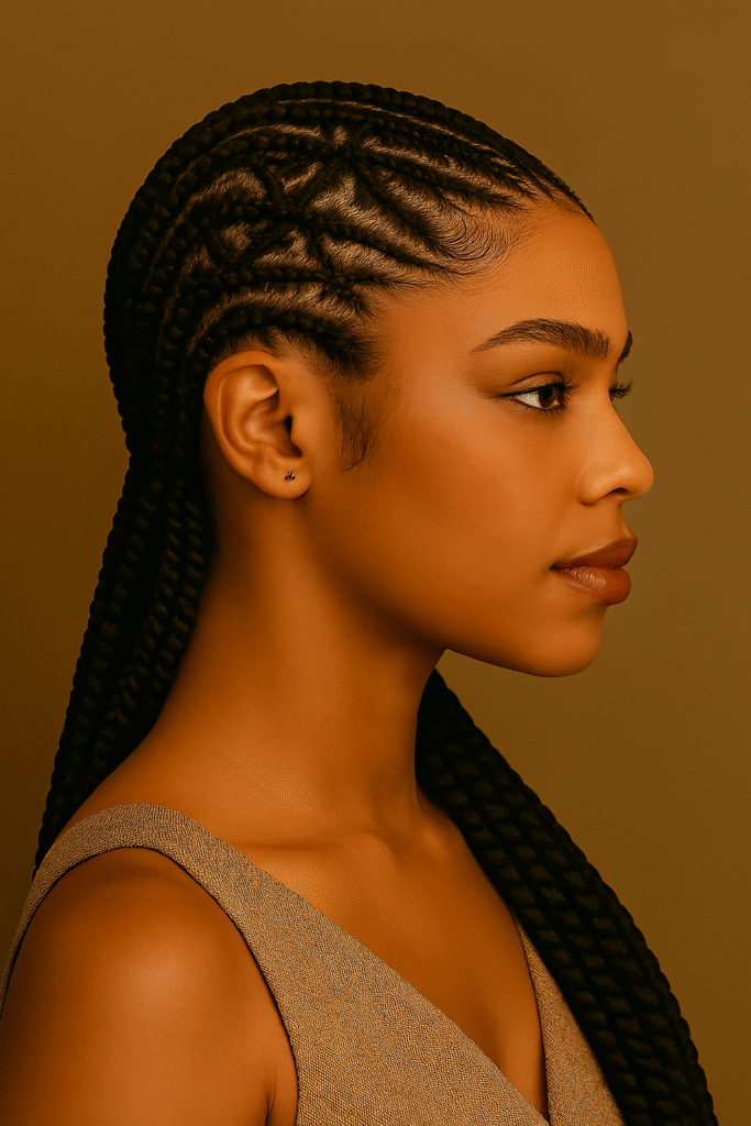 "Black woman with criss-cross cornrow braids, creative hairstyle, profile shot"