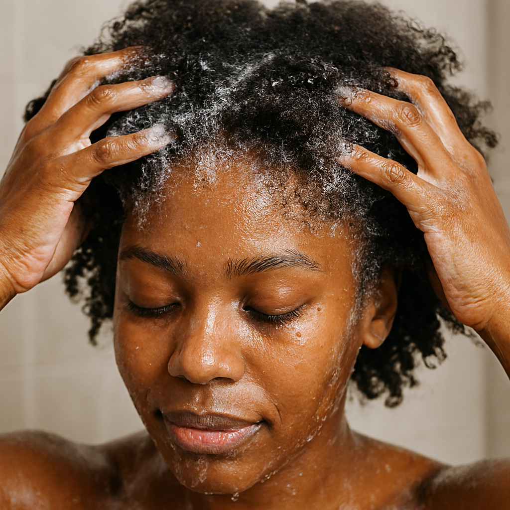 black woman washing natural hair