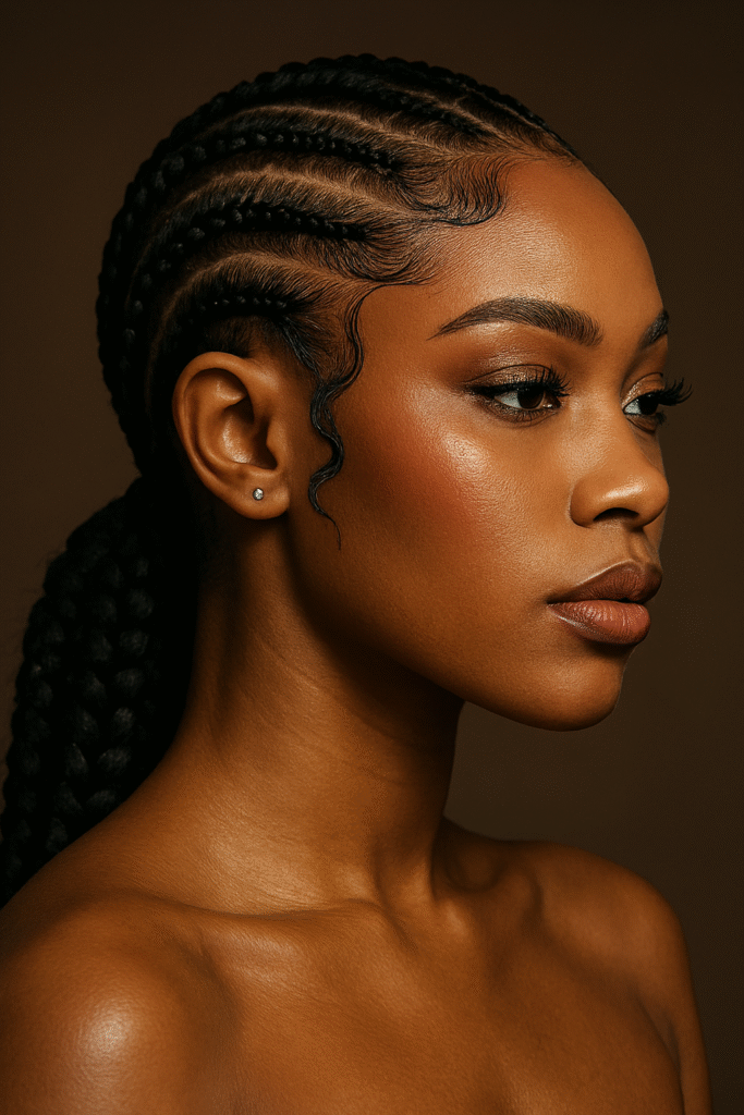 Cornrow styles 2025
"Black woman with stitch cornrows in a high ponytail, sleek edges, neutral makeup, close-up beauty shot, editorial lighting"