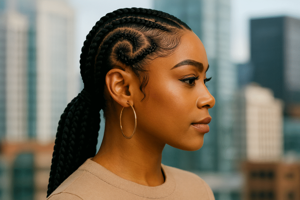  "Black woman with detailed cornrow ponytail, heart-shaped part, profile angle, hoop earrings, city background"