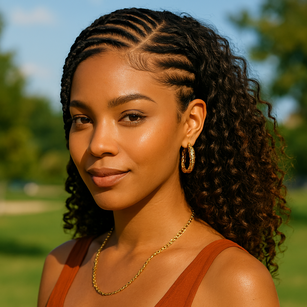 Prompt: "Black woman with half-head cornrows and loose curly ends, gold accessories, outdoor summer vibe"