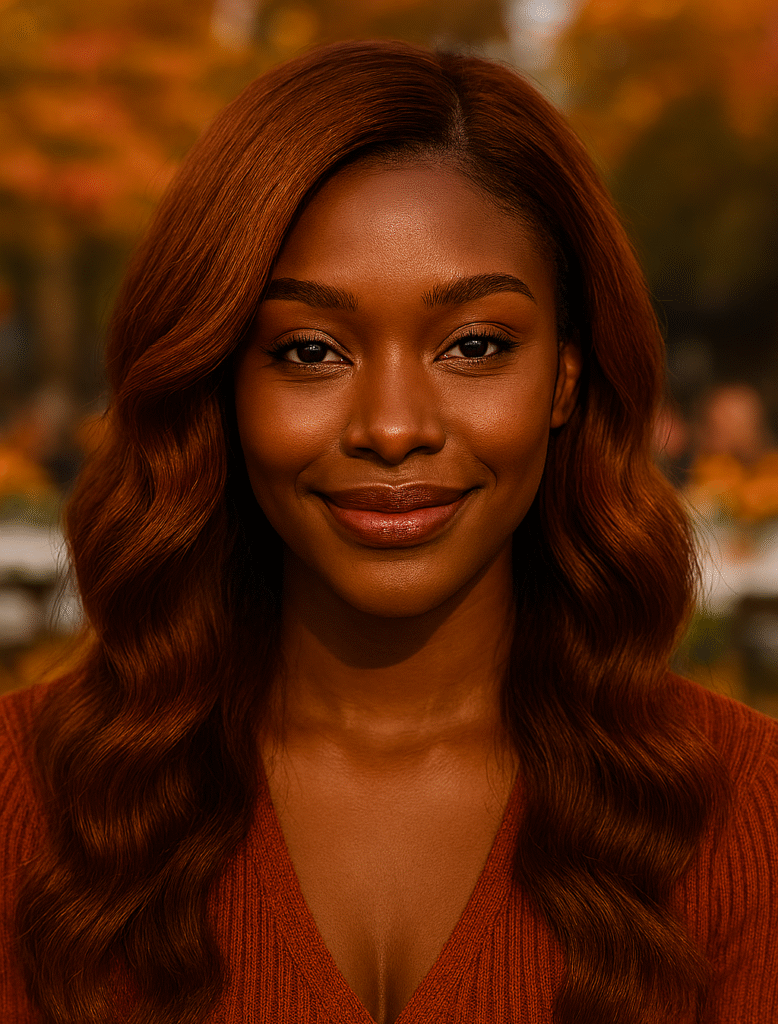 Fall hair colour - Warm auburn on golden brown skin