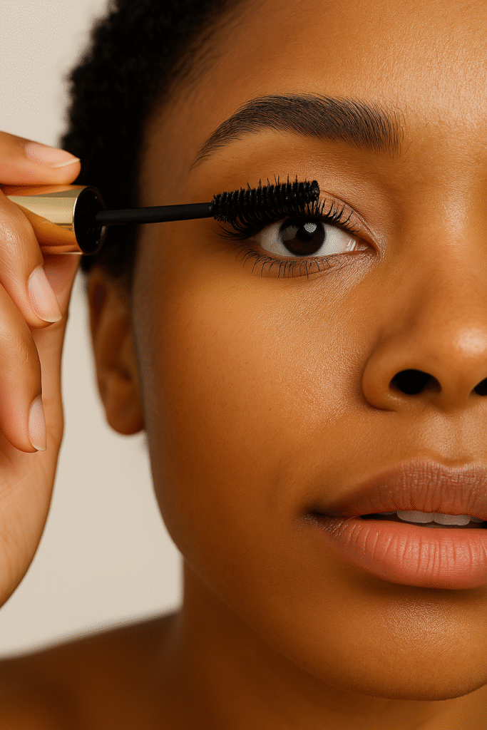 Model using mascara on curly lashes