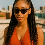 Black woman with long braids styled half-up half-down