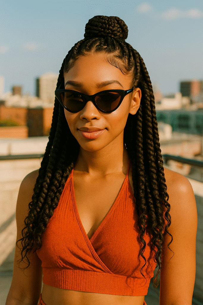 Black woman with long braids styled half-up half-down